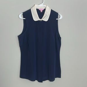 Lilly Pulitzer Silk Navy Blue Off-White Collar Sleeveless top- Large